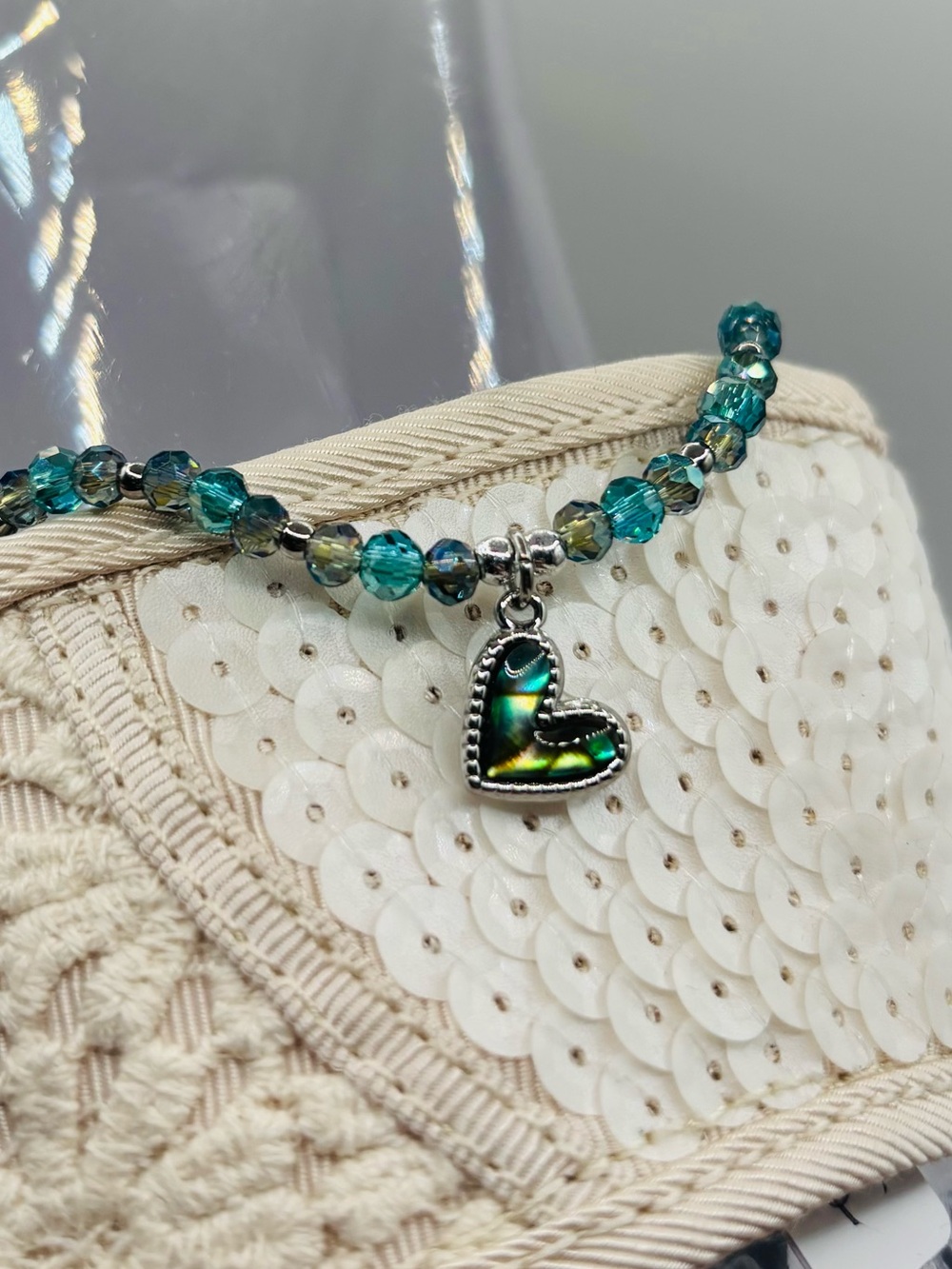 *ANKLET* S.Steel Abalone Heart & Blue Green Crystal Glass Stretchy Anklet - Picture 4 of 6